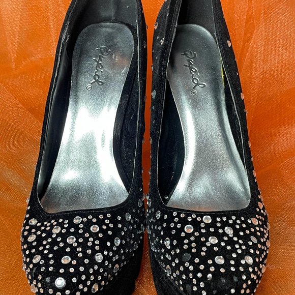 Qupid Shoes - Rhinestone Black Suede Platforms